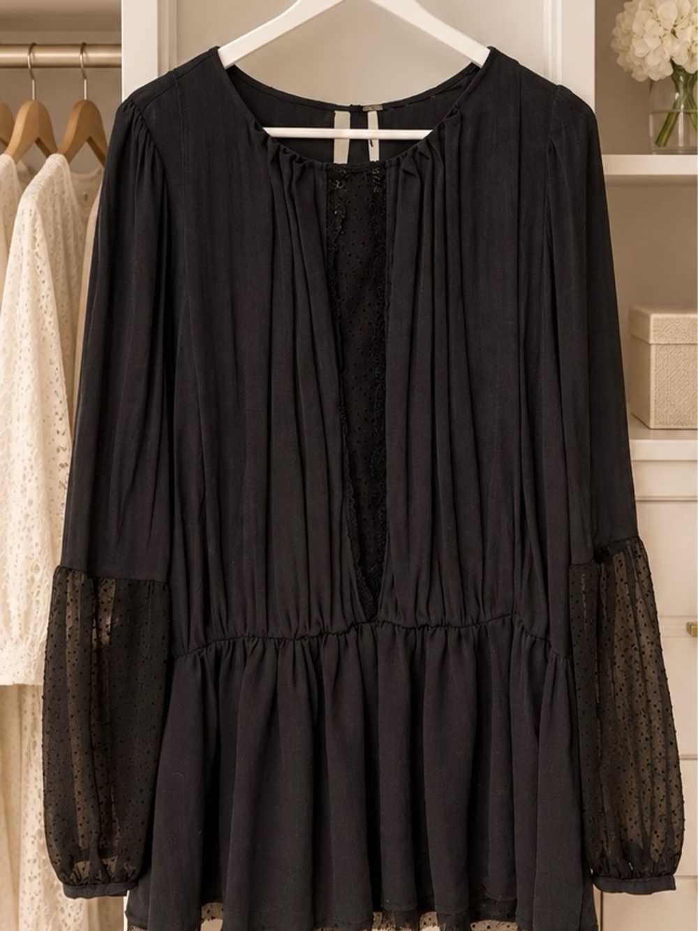 Free People Black Soul Serene Sheer Dot Sleeve Blouse Size XS EUC